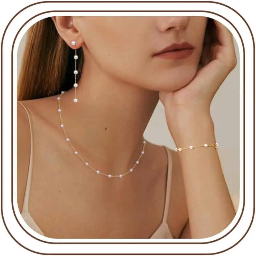 Pearl Jewelry Set: Gold Plated Necklace, Earrings & Bracelet - Adjustable Choker, Dainty Drop Design
Pearl Jewelry Set: Gold Plated Necklace, Earrings & Bracelet - Adjustable Choker, Dainty Drop Design
