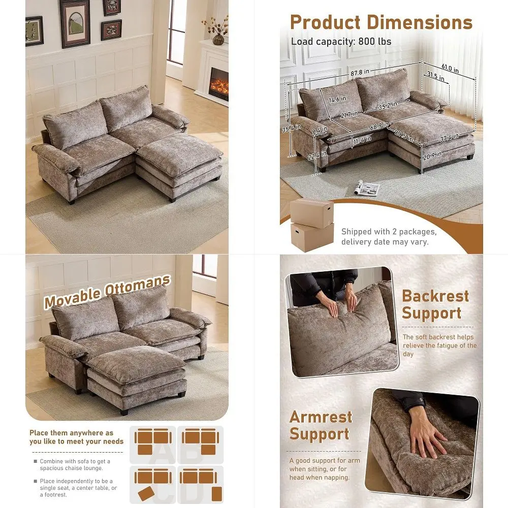 88 2Seat LShaped Sectional Couch, Brown Movable Ottoman, Chenille Upholstered, Dual Padded, Wide Armrests, Washable Covers, For
88 2Seat LShaped Sectional Couch, Brown Movable Ottoman, Chenille Upholstered, Dual Padded, Wide Armrests, Washable Covers, For