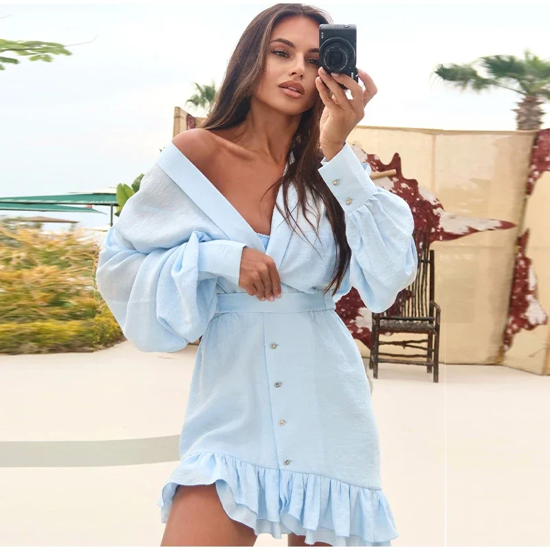 Elegant Ruffles Short Dress Women's V-Neck Asymmetric Button Lantern Sleeve Dresses 2025 Summer New Lady Solid Holiday Vestido
Elegant Ruffles Short Dress Women's V-Neck Asymmetric Button Lantern Sleeve Dresses 2025 Summer New Lady Solid Holiday Vestido