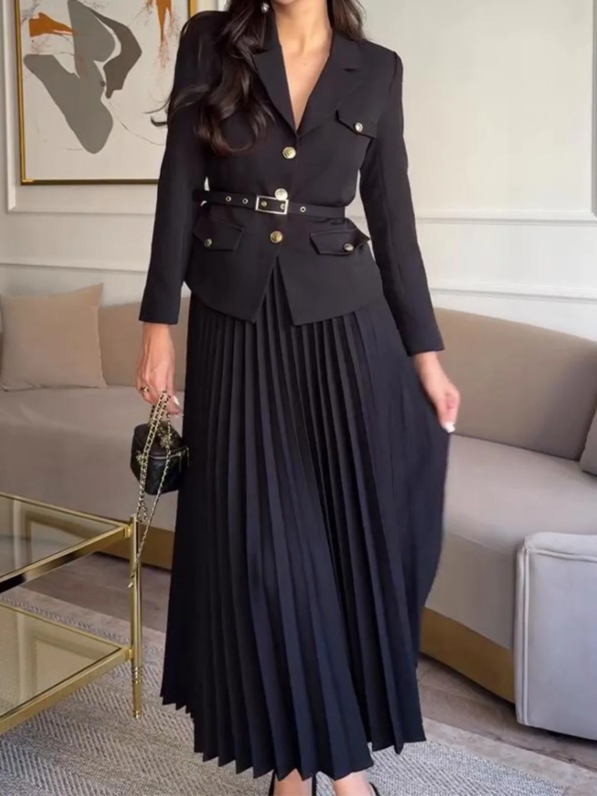 Ele Collared Suit Jaet And Skirt Set Pleated Long Sve Casual Faion Ensemble for Women Polyester Material
Ele Collared Suit Jaet And Skirt Set Pleated Long Sve Casual Faion Ensemble for Women Polyester Material