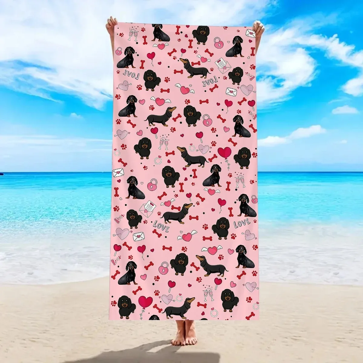 Cute Dachshund Dog Beach Towel 2D Flat Printed Peach Skin Bath Towel Pink Heart Love Pattern Sand Free Blanket For Summer Trip
Cute Dachshund Dog Beach Towel 2D Flat Printed Peach Skin Bath Towel Pink Heart Love Pattern Sand Free Blanket For Summer Trip