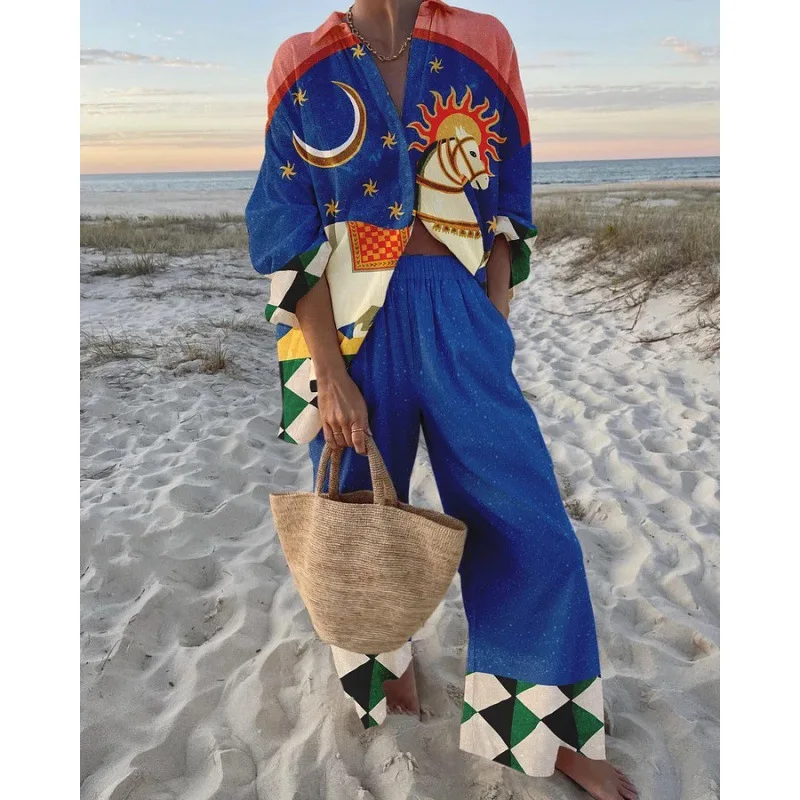 2025New Fashion Women Two Piece Set Summer Printed Long Sleeve Shirt And Wide Leg Pants 2Piece Outfits Female Beach Holiday Sets
2025New Fashion Women Two Piece Set Summer Printed Long Sleeve Shirt And Wide Leg Pants 2Piece Outfits Female Beach Holiday Sets