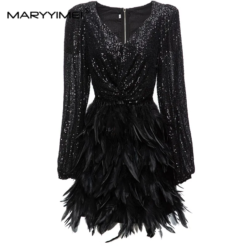MARYYIMEI Lantern Sleeve V-Neck Solid High Quality dress Spring Autumn Fashion Feathers Sequins Women's Party Mini Dresses
MARYYIMEI Lantern Sleeve V-Neck Solid High Quality dress Spring Autumn Fashion Feathers Sequins Women's Party Mini Dresses