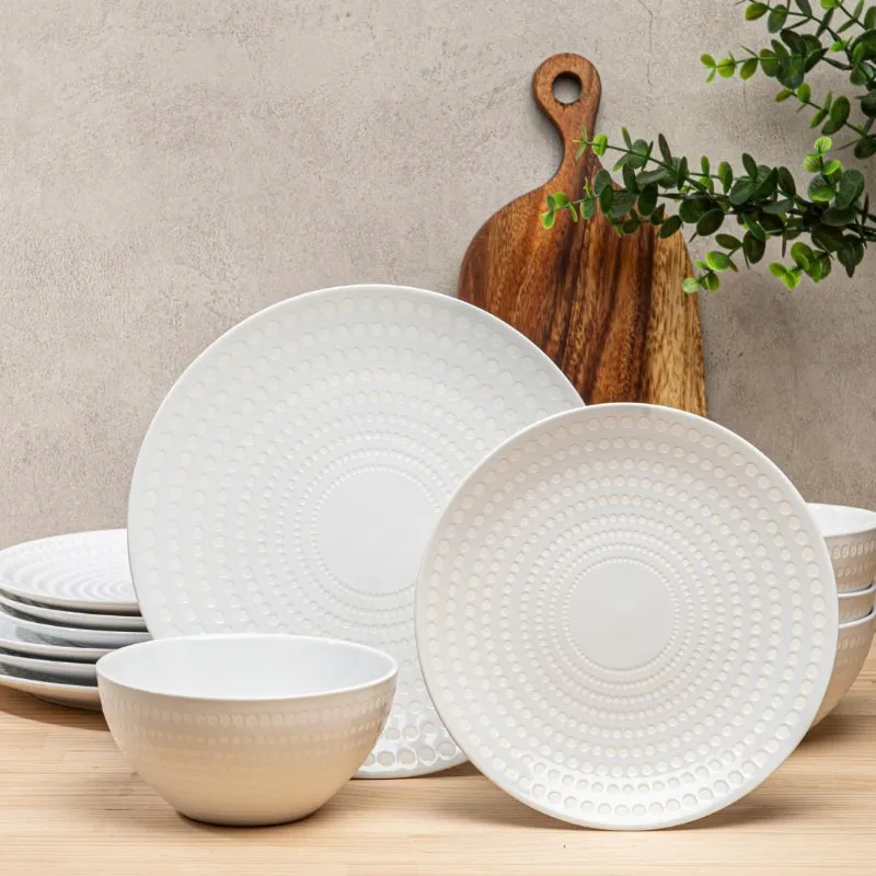 Ceramic Dinnerware Set Serive for 4 (12 Pieces), Stoneware Plates and Bowls for Dining Pearl White Dishes Set With DOTDOT
Ceramic Dinnerware Set Serive for 4 (12 Pieces), Stoneware Plates and Bowls for Dining Pearl White Dishes Set With DOTDOT