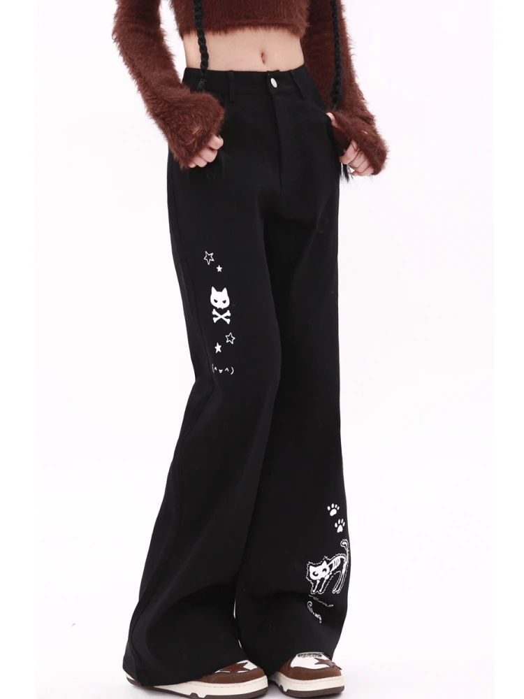 Women's Black Cartoon Cat Pattern Micro Flared Jeans Cool Girl Wide Leg Streetwear Trouser Female Casual Denim Pants
Women's Black Cartoon Cat Pattern Micro Flared Jeans Cool Girl Wide Leg Streetwear Trouser Female Casual Denim Pants