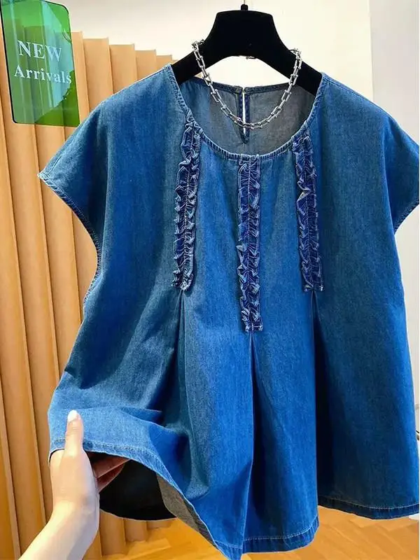 plus Size 300 Pounds Casual Style Women's Denim Shirt Summer Loose Fit Short Sleeve round Neck Casual Doll Shirt Fashionable
plus Size 300 Pounds Casual Style Women's Denim Shirt Summer Loose Fit Short Sleeve round Neck Casual Doll Shirt Fashionable