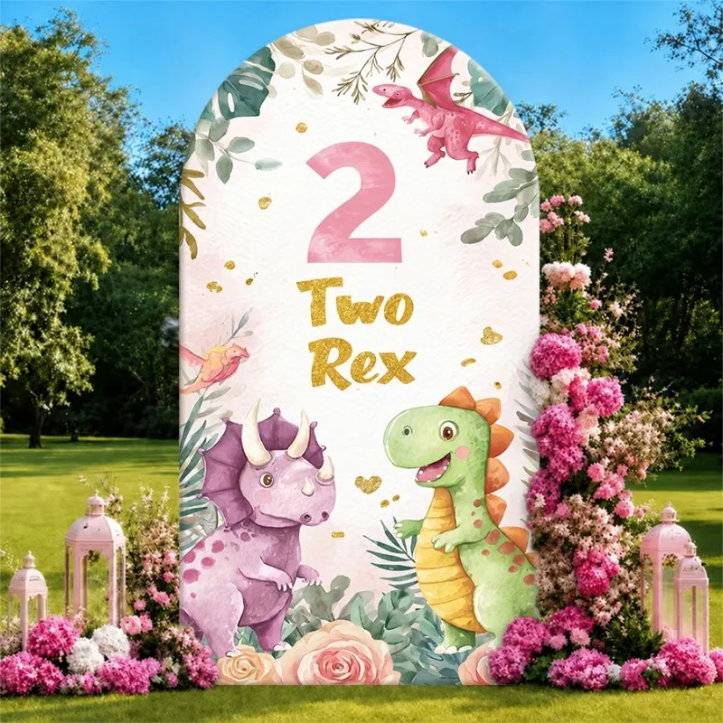 Single Side Arch Backdrop Cover Two Rex Dinosaur Theme Backdrop with Floral Arch Design for Party Decoration Featuring Purple
Single Side Arch Backdrop Cover Two Rex Dinosaur Theme Backdrop with Floral Arch Design for Party Decoration Featuring Purple