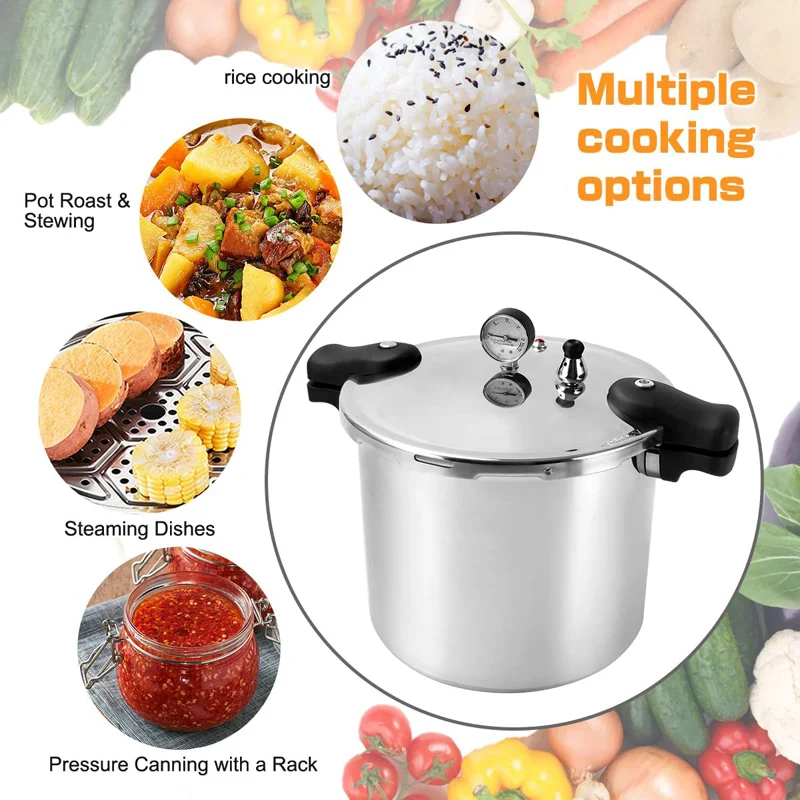 23QT Aluminum Pressure Cooker & Canner, 105KPa Induction Compatible Pressure Pot with Gauge, Thickened Heavy Duty Body
23QT Aluminum Pressure Cooker & Canner, 105KPa Induction Compatible Pressure Pot with Gauge, Thickened Heavy Duty Body