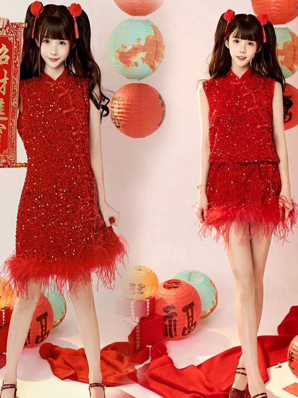 Red Sequin Dress Women's Feather Splicing Slimming Atmosphere Photo Clothing Spring 2026 Ladies' Ethnic Costume
Red Sequin Dress Women's Feather Splicing Slimming Atmosphere Photo Clothing Spring 2026 Ladies' Ethnic Costume