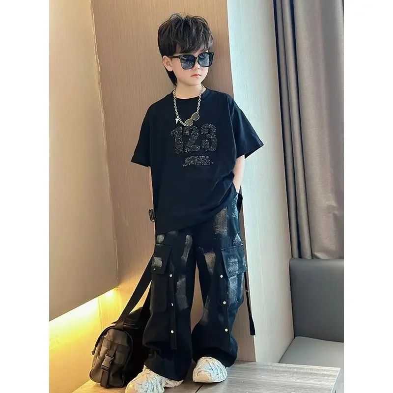 Summer Baby Boys Children Suits Kids Fashion Blue casual Jean Black TShirt+Jean Pants 2Pcs Sets Handsome Hip hop Streetwear
Summer Baby Boys Children Suits Kids Fashion Blue casual Jean Black TShirt+Jean Pants 2Pcs Sets Handsome Hip hop Streetwear