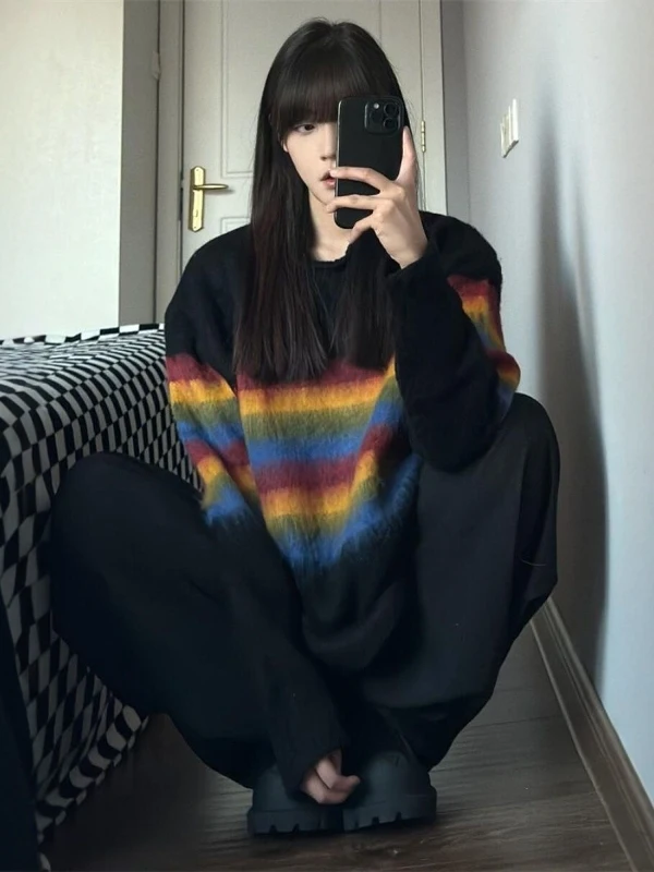 Soft Chunky Rainbow Stripes Women's Knitted Sweater Loose Fit Long Sve Warm Thermal Autumn Winter Faion Casual Top
Soft Chunky Rainbow Stripes Women's Knitted Sweater Loose Fit Long Sve Warm Thermal Autumn Winter Faion Casual Top