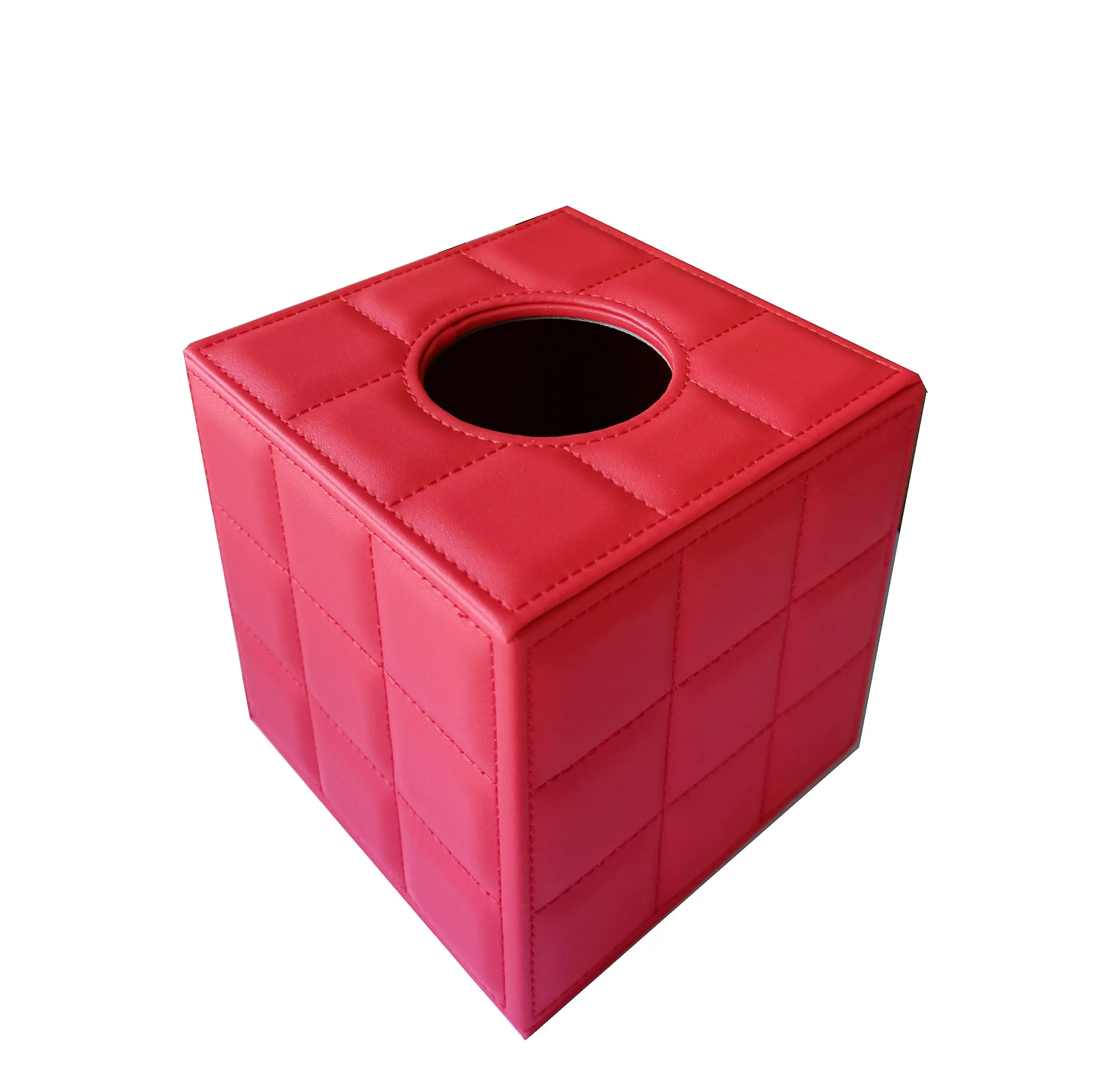 Red PU Leather Cube Tissue Box Cover With Quilted Grid Design And Circular Opening
Red PU Leather Cube Tissue Box Cover With Quilted Grid Design And Circular Opening