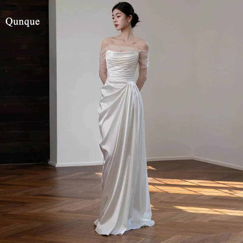 Qunque Ruched Bodice Satin Wedding Dress Off Shoulder Pleated Civil Bridal Gown Mermaid Pearls Vestido De Novia Boda Customized
Qunque Ruched Bodice Satin Wedding Dress Off Shoulder Pleated Civil Bridal Gown Mermaid Pearls Vestido De Novia Boda Customized