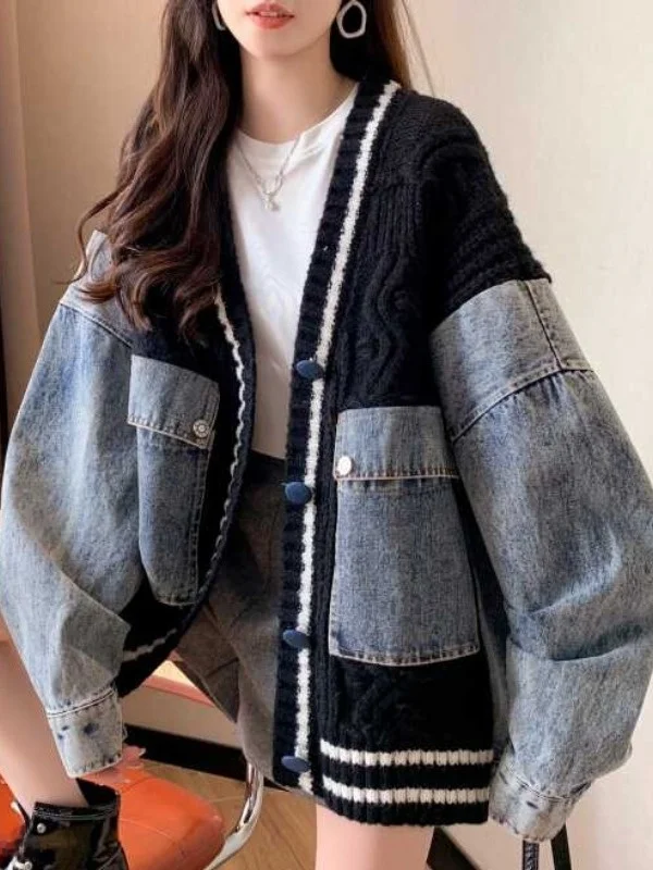 Autumn New Sle American Retro Patchwork Knitted Denim Jaet Women Loose Casual Versatile Open Cardigan Faionable Design
Autumn New Sle American Retro Patchwork Knitted Denim Jaet Women Loose Casual Versatile Open Cardigan Faionable Design