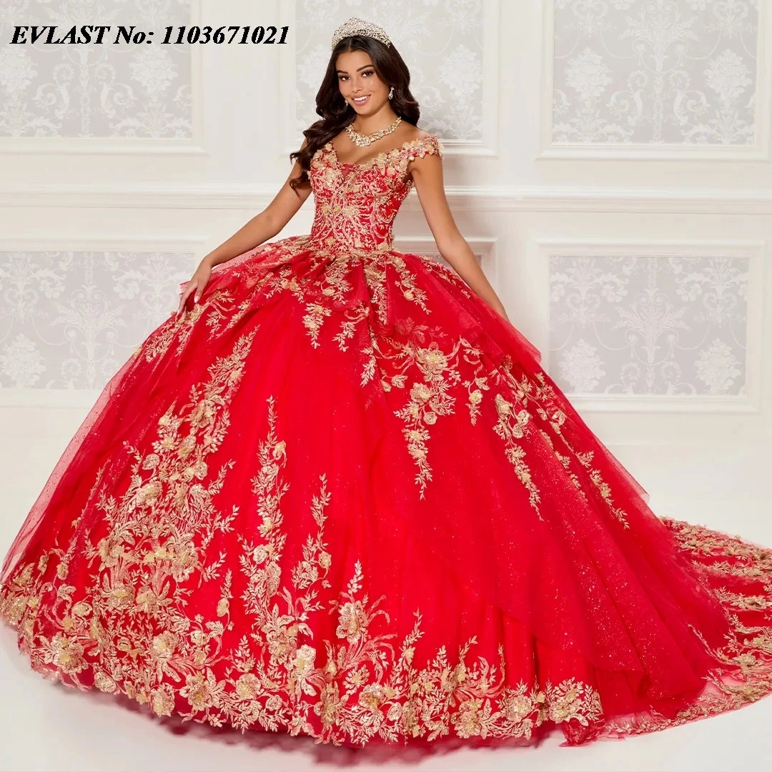 EVLAST Мексиканское красное платье Quinceanera, бальное платье с золотой цветочной аппликацией и бисером, многоуровневое с накидкой 2016, Vestidos De XV Anos SQ282
EVLAST Мексиканское красное платье Quinceanera, бальное платье с золотой цветочной аппликацией и бисером, многоуровневое с накидкой 2016, Vestidos De XV Anos SQ282
