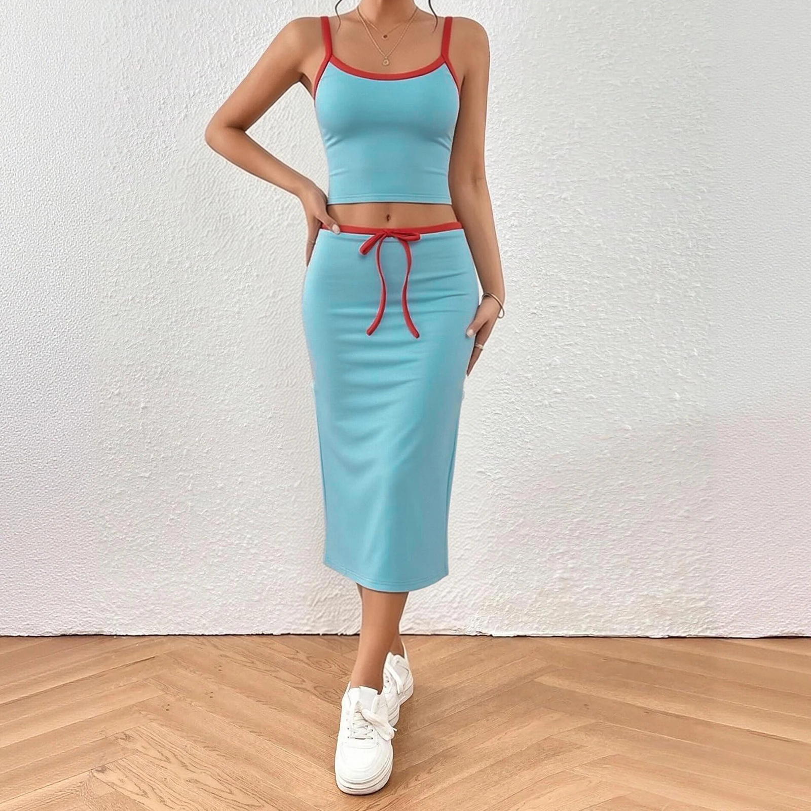 Women's Skirt Set,Summer Sleeveless Camisole Top with Bow Midi Skirt Contrast Color Outfit Female Casual Clubwear
Women's Skirt Set,Summer Sleeveless Camisole Top with Bow Midi Skirt Contrast Color Outfit Female Casual Clubwear