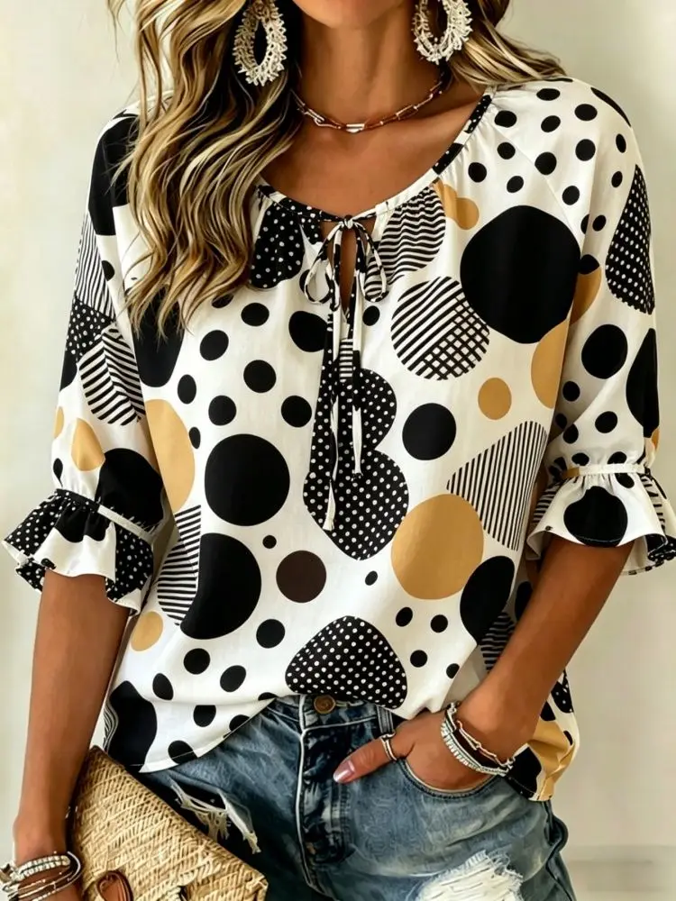 Women's Multicolor Polka Dot Print Tie Neck Blouse, Casual Loose Tops for Spring Summer Daily Wear & Vacation Occasions
Women's Multicolor Polka Dot Print Tie Neck Blouse, Casual Loose Tops for Spring Summer Daily Wear & Vacation Occasions