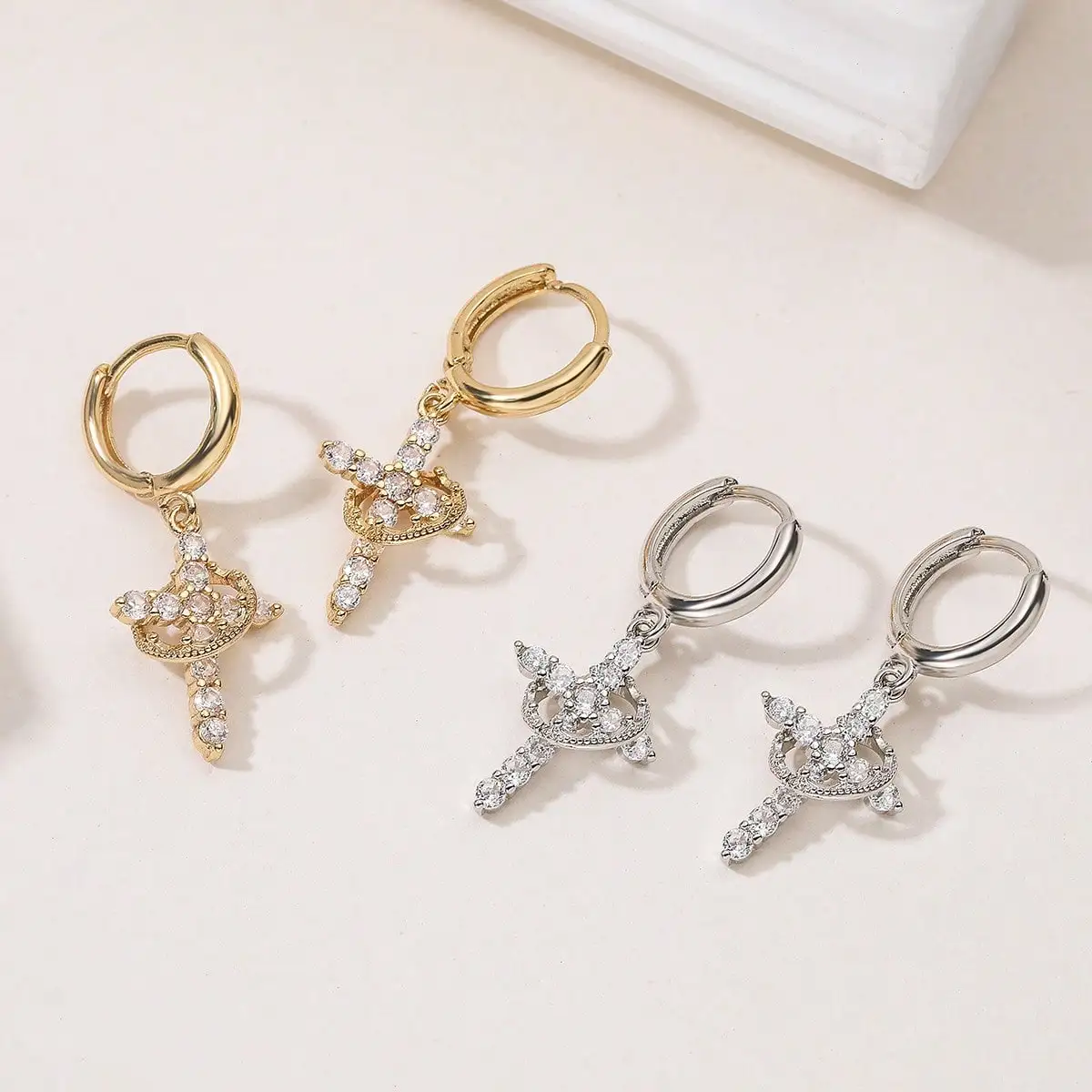 Golden & Silvery Cross Sword Huggie Hoop Earrings, Paved CZ Dangle Drop Earrings, Gothic Religious Style Women Jewelry Gift
Golden & Silvery Cross Sword Huggie Hoop Earrings, Paved CZ Dangle Drop Earrings, Gothic Religious Style Women Jewelry Gift