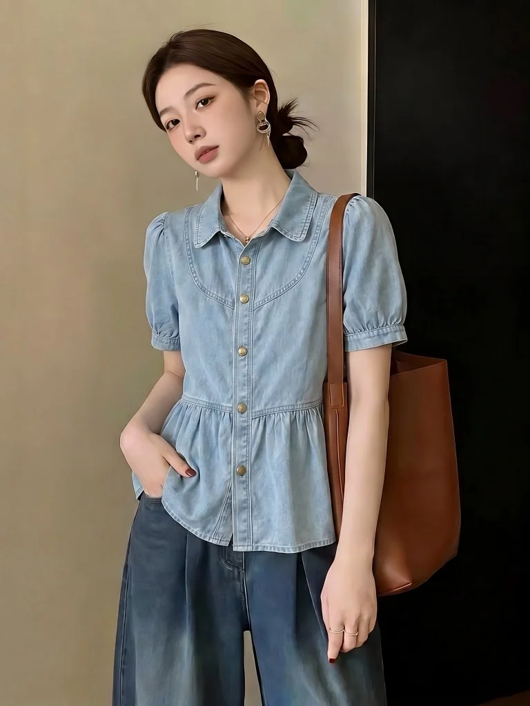 Light Blue Denim Short Sleeve Shirt Women's Summer New Style Big Size Puffy Doll Top Korean Style Commute Wind Loose Fit Shirt
Light Blue Denim Short Sleeve Shirt Women's Summer New Style Big Size Puffy Doll Top Korean Style Commute Wind Loose Fit Shirt