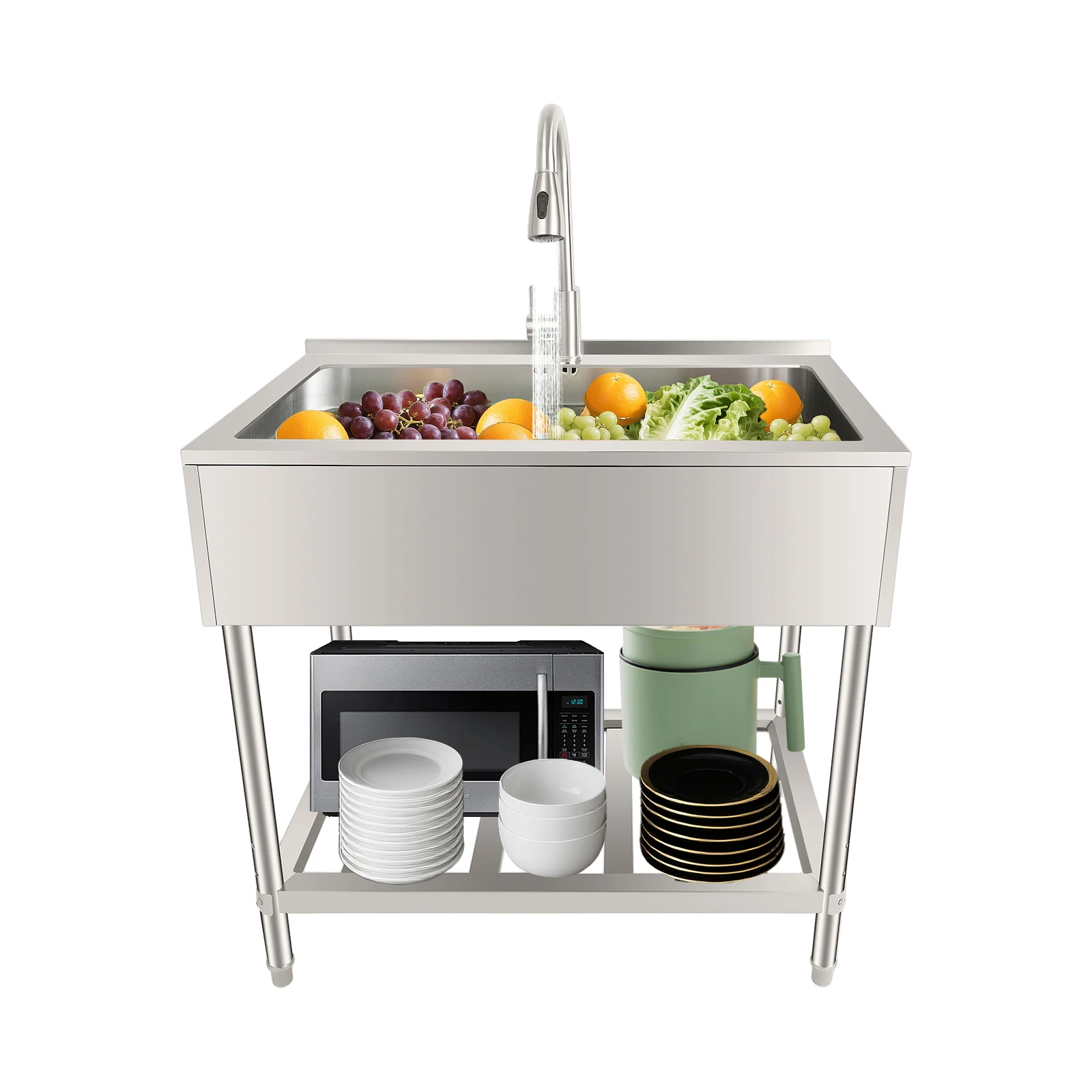 Single Bowl Freestanding Kitchen Utility Sink Washing Hand Basin, Commercial Stainless Steel Sink, with Faucet & Storage Rack for Restaurant, Laundry and Garage, Silver
Single Bowl Freestanding Kitchen Utility Sink Washing Hand Basin, Commercial Stainless Steel Sink, with Faucet & Storage Rack for Restaurant, Laundry and Garage, Silver