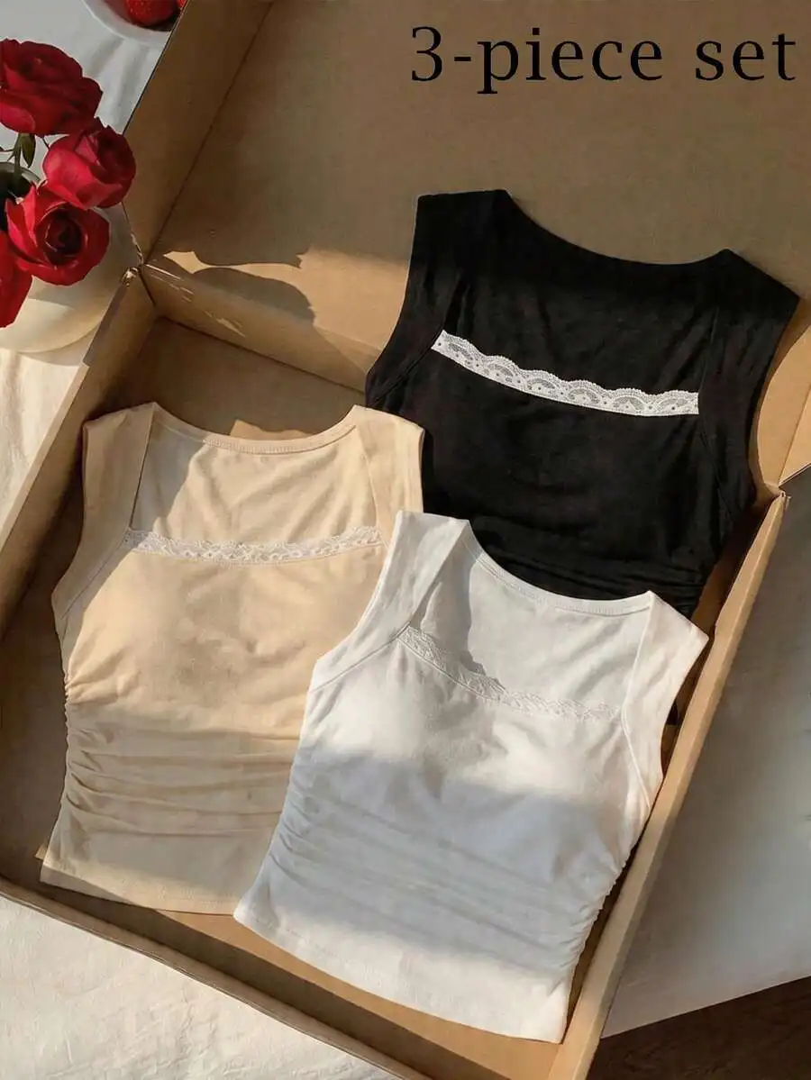 3-Pack Padded Square Neck Bra-Free Slim Fit Women Tank Top With Lace Trim
3-Pack Padded Square Neck Bra-Free Slim Fit Women Tank Top With Lace Trim
