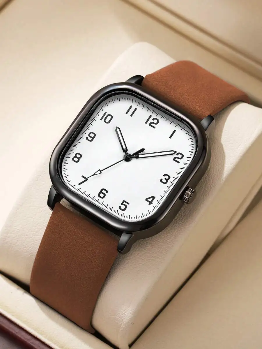 1pc Men's Leather Belt & Square Casual Simple Digital Scale Dial Classic Fashionable Quartz Wrist Watch, No Watch Box Included
1pc Men's Leather Belt & Square Casual Simple Digital Scale Dial Classic Fashionable Quartz Wrist Watch, No Watch Box Included