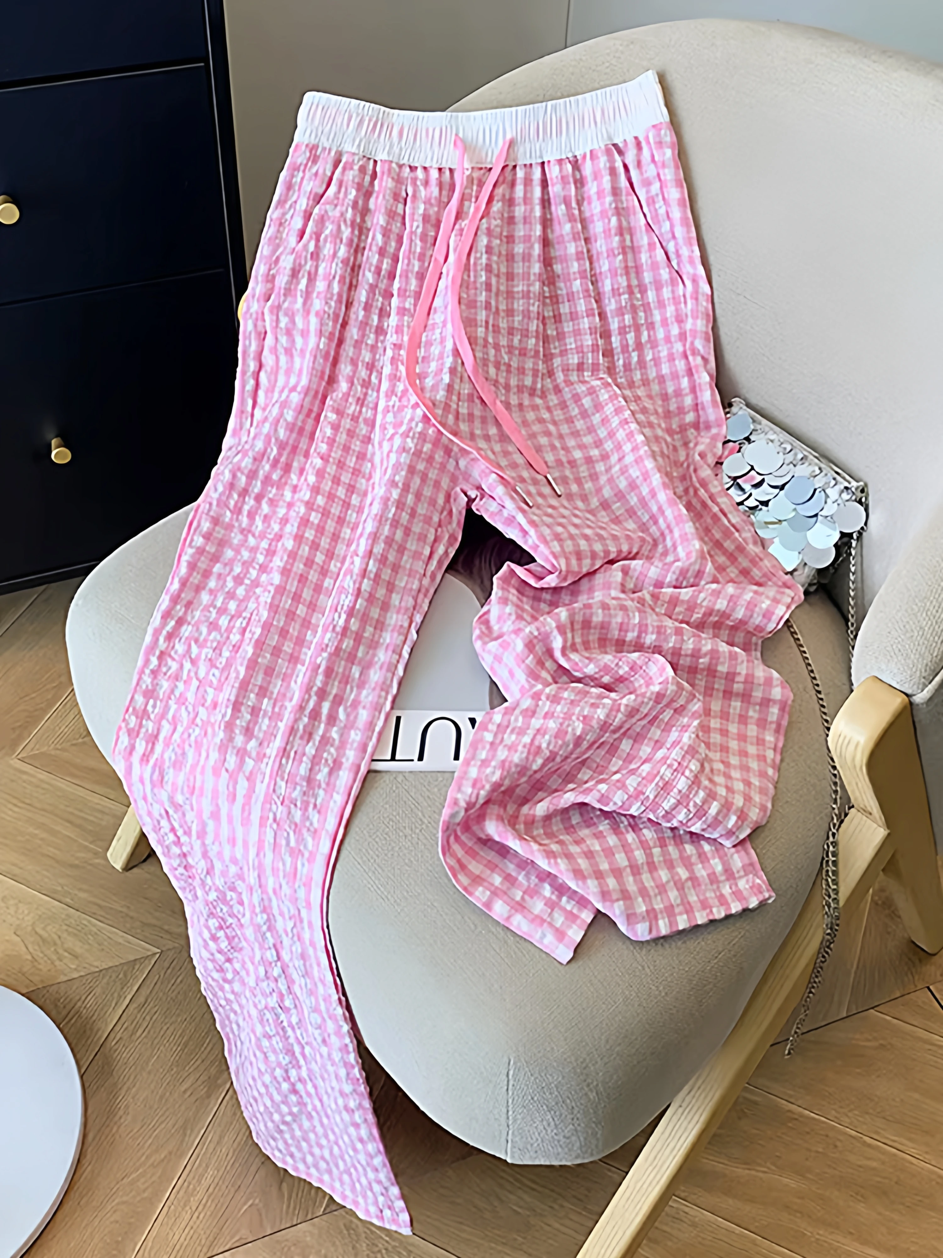 High Waist Wide Leg Pants Women's Summer Thin Dopa Casual Loose Lazy Style Pink Plaid Pants Breathable Skin-Friendly
High Waist Wide Leg Pants Women's Summer Thin Dopa Casual Loose Lazy Style Pink Plaid Pants Breathable Skin-Friendly