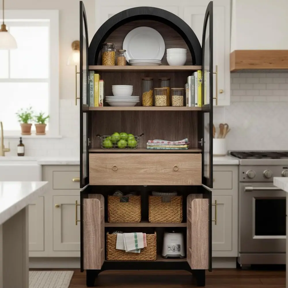 71 Inch Arched Glass Door Kitchen Pantry Cabinet with Adjustable Shelves, Hidden Drawers, Door Racks, Gold Handles, Black
71 Inch Arched Glass Door Kitchen Pantry Cabinet with Adjustable Shelves, Hidden Drawers, Door Racks, Gold Handles, Black
