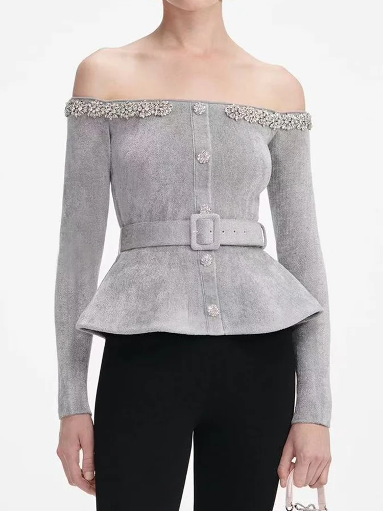 Autumn New Fashion Gray Sweater Pullover Women Sexy Diamond Slash Neck Long Sleeved Slim Fit Knitted Tops with Belt Ladies 2025
Autumn New Fashion Gray Sweater Pullover Women Sexy Diamond Slash Neck Long Sleeved Slim Fit Knitted Tops with Belt Ladies 2025