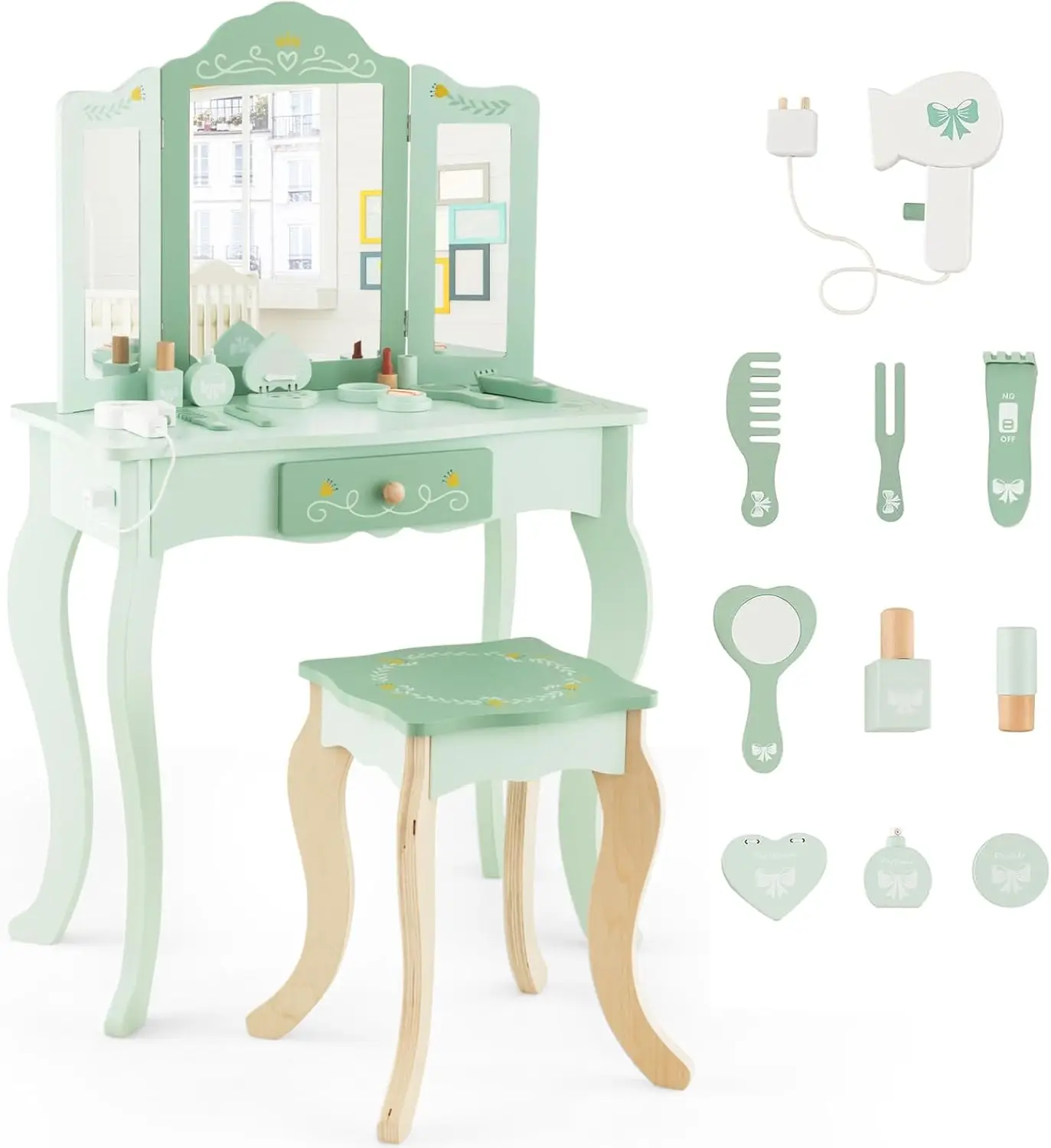 Kids Vanity, Toddler Wooden Makeup Vanity Table & Chair Set, 10 Pcs Pretend Play Dressing Accessories Toy, Tri-Fold Princ
Kids Vanity, Toddler Wooden Makeup Vanity Table & Chair Set, 10 Pcs Pretend Play Dressing Accessories Toy, Tri-Fold Princ