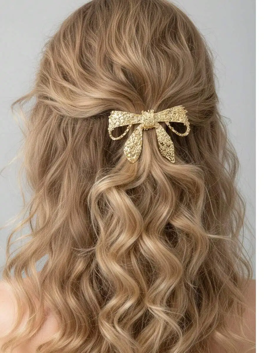 Glittery Gold Bow Hair Claw Clip For Women, Chic Ponytail Holder And Stylish Hair Accessory For Updos
Glittery Gold Bow Hair Claw Clip For Women, Chic Ponytail Holder And Stylish Hair Accessory For Updos