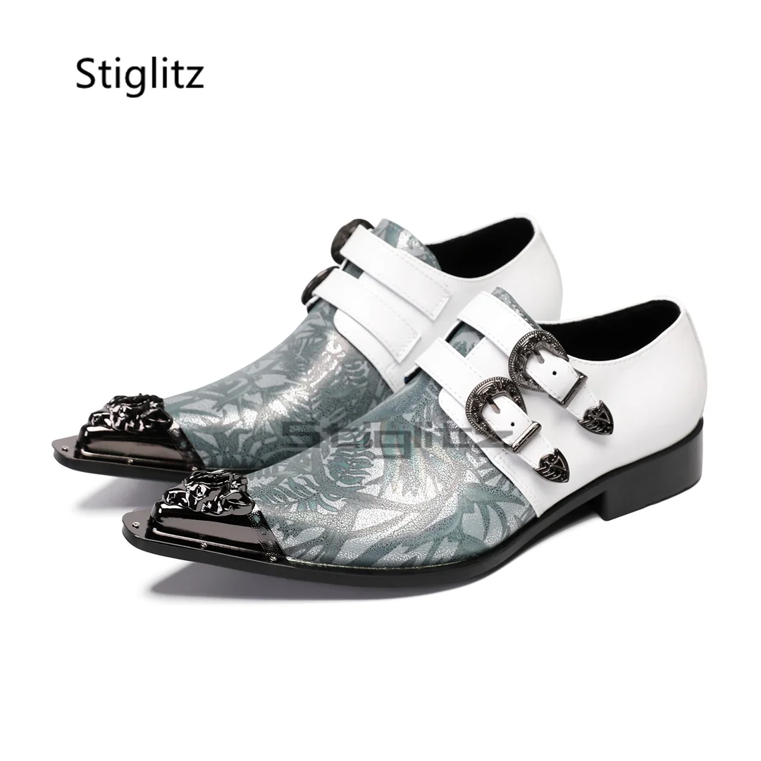 Leaves Prints Men's Genuine Leather Shoes Metal Pointed Toe Patchwork White Business Dress Shoes Double Buckle Male Shoes New
Leaves Prints Men's Genuine Leather Shoes Metal Pointed Toe Patchwork White Business Dress Shoes Double Buckle Male Shoes New