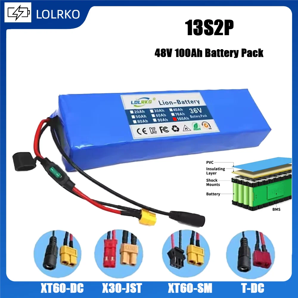 48V 100Ah 18650 Lithium Battery Pack 13S2P 1000W High Power Battery 54.6V 30000mAh BMS + Fuse 48v battery pack
48V 100Ah 18650 Lithium Battery Pack 13S2P 1000W High Power Battery 54.6V 30000mAh BMS + Fuse 48v battery pack