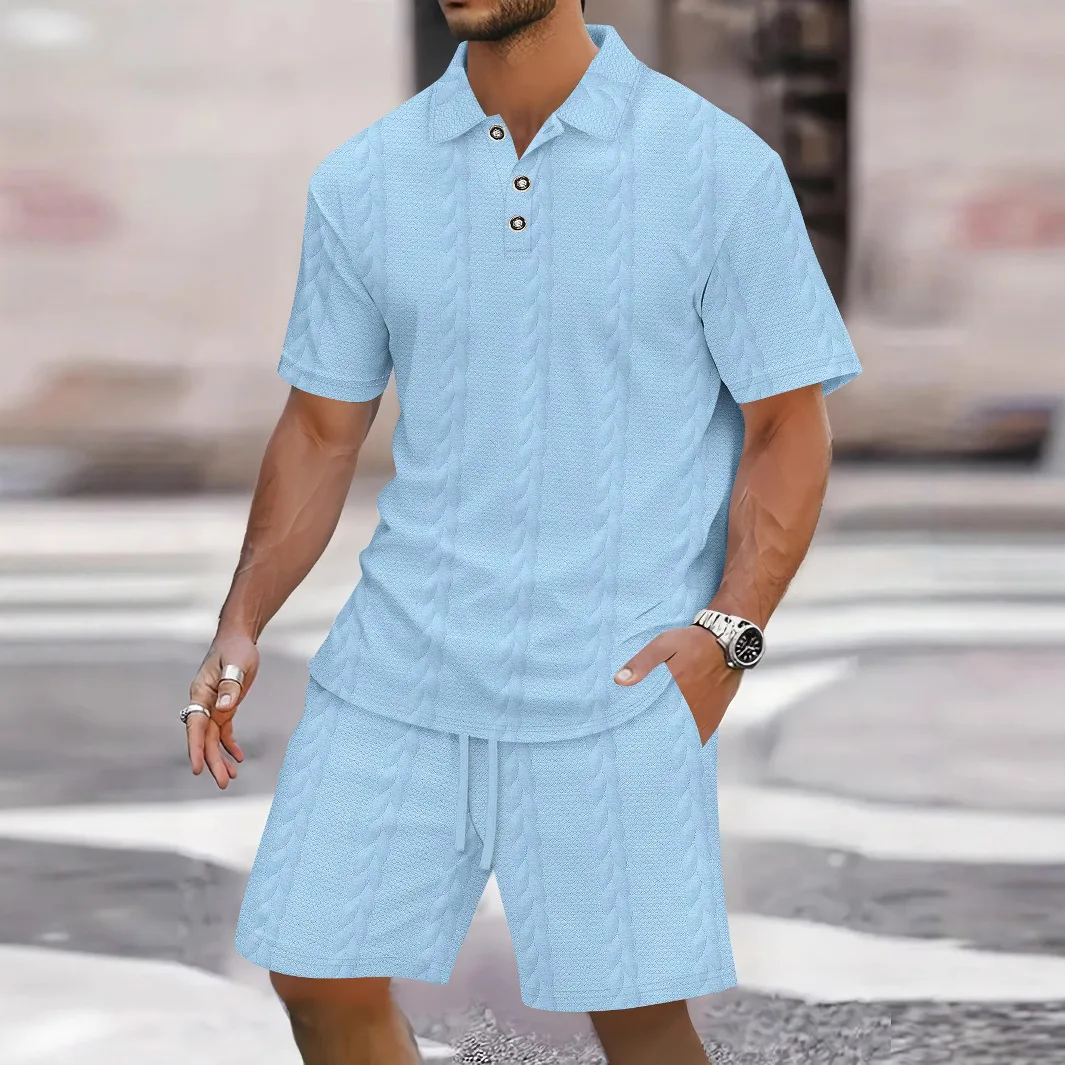 2025 New men's summer jacquard solid color set, casual beach style lapel opening short-sleeved drawstring shorts two-piece set
2025 New men's summer jacquard solid color set, casual beach style lapel opening short-sleeved drawstring shorts two-piece set