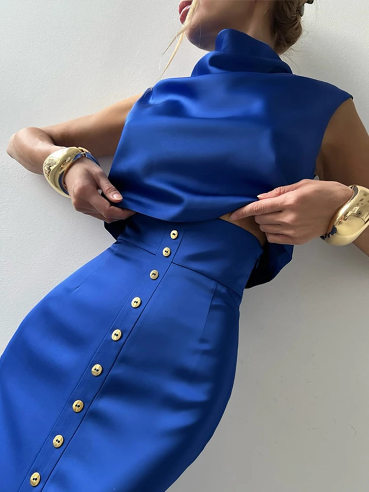 Turtleneck Sleeveless Top Single Breasted Skirt Sets Woman Solid Color Short Tops Slim Split Long Skirts Elegant Women's Set
Turtleneck Sleeveless Top Single Breasted Skirt Sets Woman Solid Color Short Tops Slim Split Long Skirts Elegant Women's Set