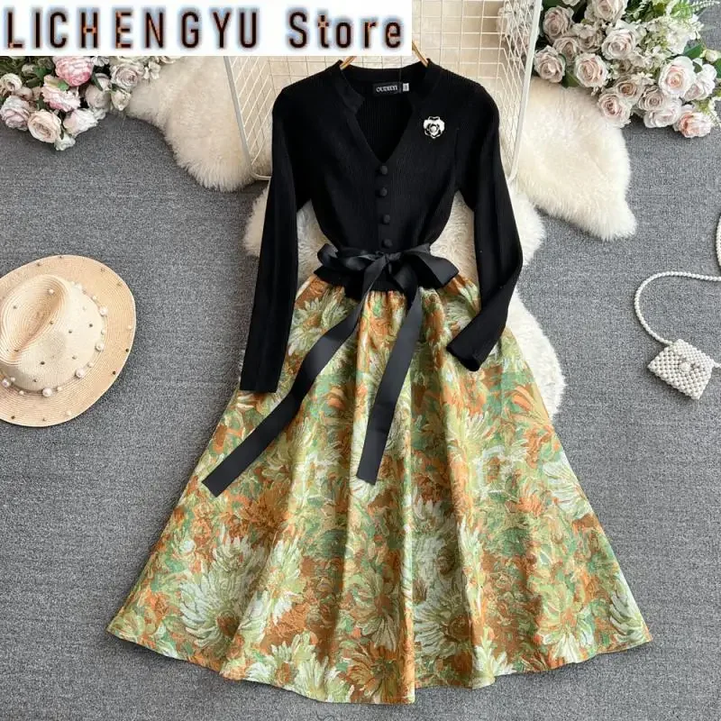 Sweet Style Women's Dress Long-sleeve Knitted Patchwork Jacquard Weave High Waist Dresses Autumn Winter 
Sweet Style Women's Dress Long-sleeve Knitted Patchwork Jacquard Weave High Waist Dresses Autumn Winter