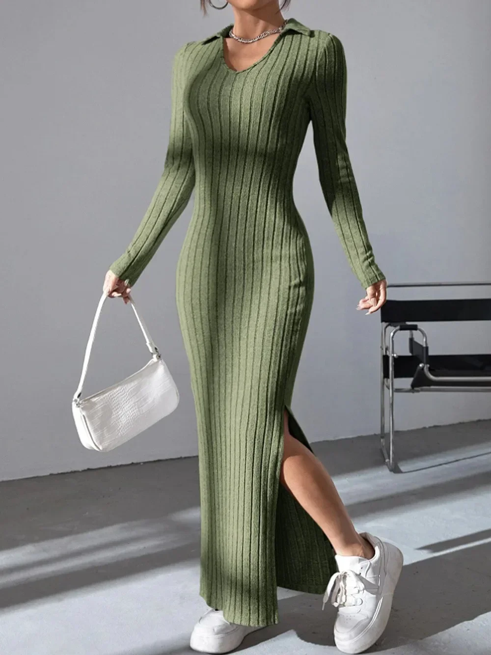 2024 Spring/Summer Knitted Dress Slim Fit Fashion Casual Women's Lapel Long sleeved Dress Concave Stripe Solid Color Long Dress
2024 Spring/Summer Knitted Dress Slim Fit Fashion Casual Women's Lapel Long sleeved Dress Concave Stripe Solid Color Long Dress