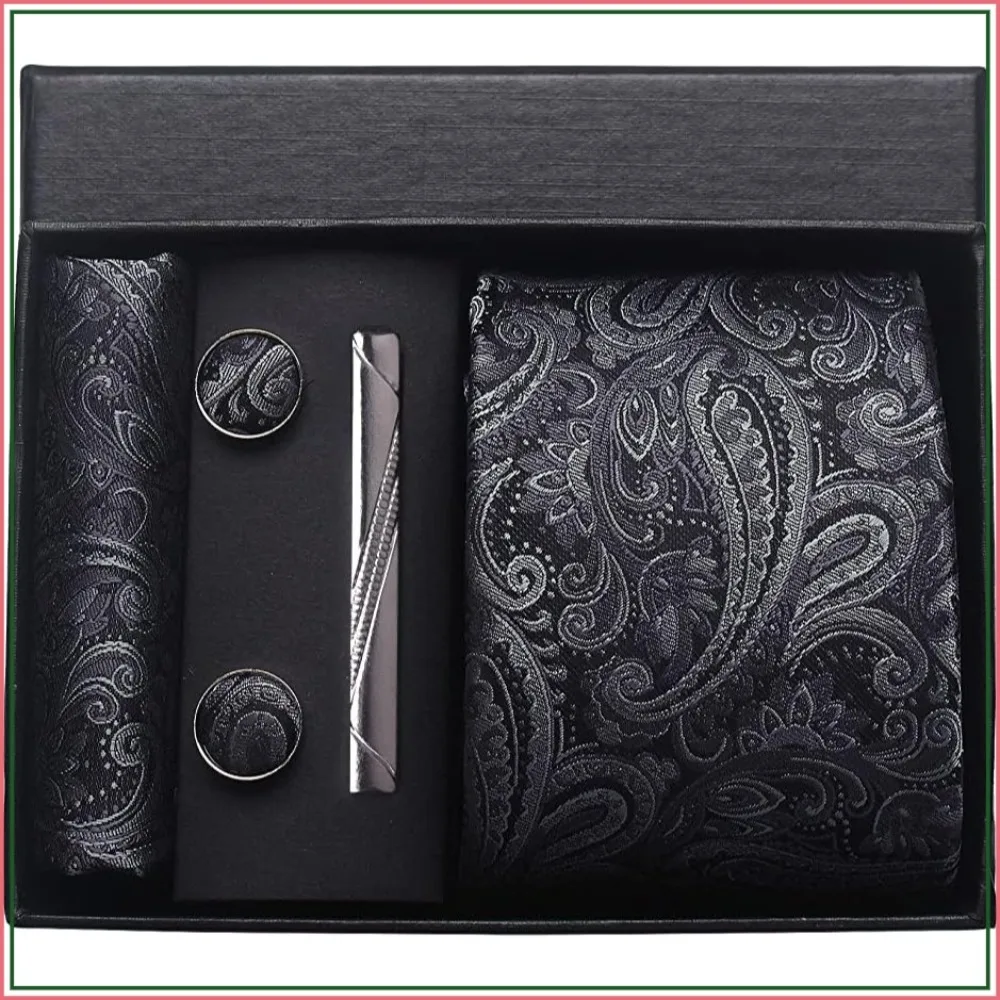 Paisley Floral Mens Tie Set with Pocket Square, Cufflinks, and Tie Clip
Paisley Floral Mens Tie Set with Pocket Square, Cufflinks, and Tie Clip