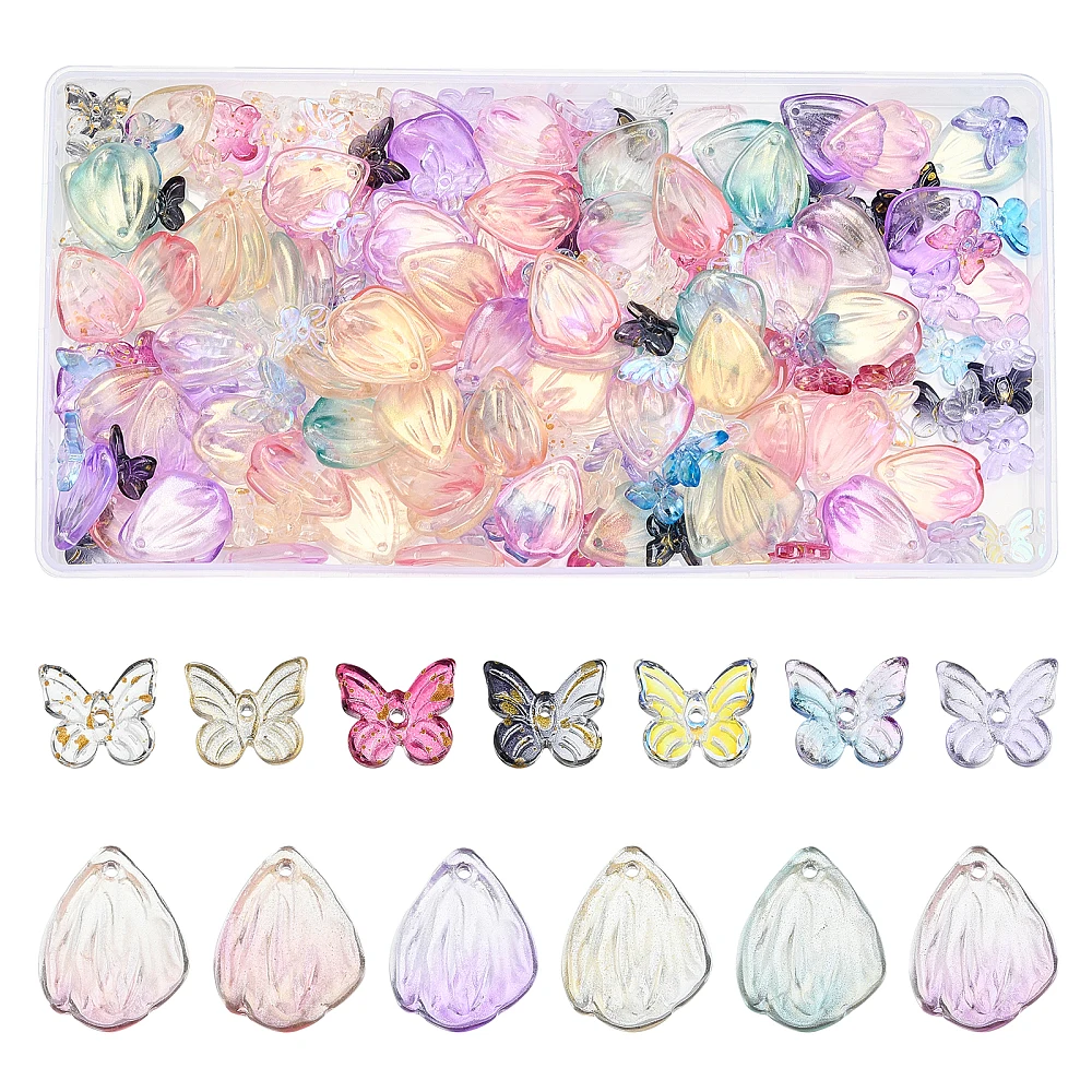 208Pcs Transparent Spray Painted Glass Charms with Glitter Powder Butterfly with Petal Mixed Color 9.5x11x3mm Hole: 0.8mm
208Pcs Transparent Spray Painted Glass Charms with Glitter Powder Butterfly with Petal Mixed Color 9.5x11x3mm Hole: 0.8mm