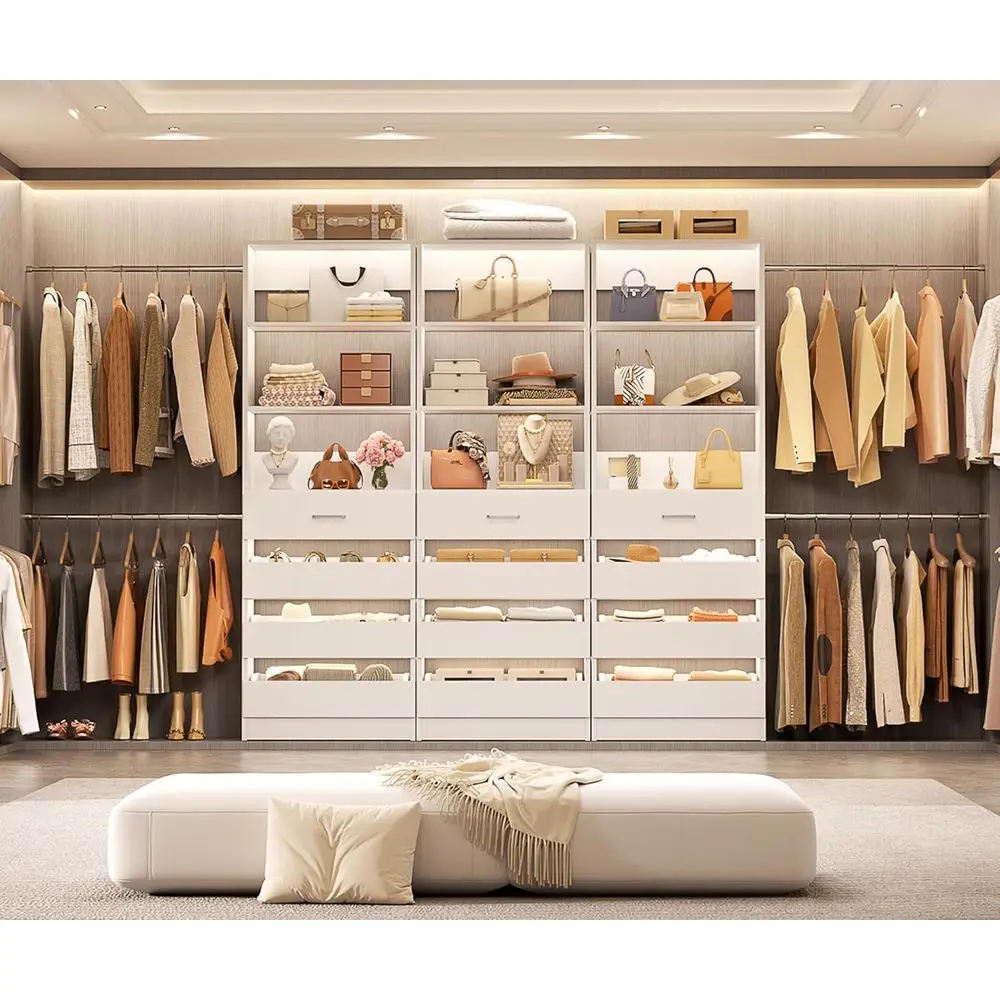 12-Drawer Wood Closet Organizer System with 4 Hanging Rods, 3 Towers, and L-Shaped Wardrobe for Clothes Storage, Set of 3, White
12-Drawer Wood Closet Organizer System with 4 Hanging Rods, 3 Towers, and L-Shaped Wardrobe for Clothes Storage, Set of 3, White