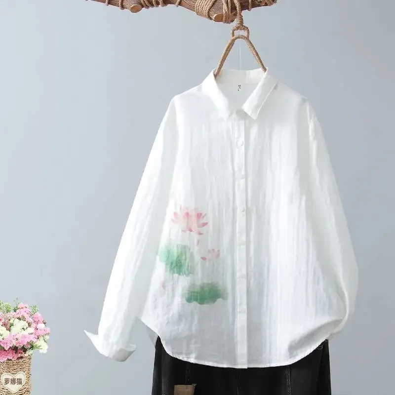 Women's Cotton Watercolor Lotus Print Shirt Long Sleeve Casual Retro Button Down Blouse
Women's Cotton Watercolor Lotus Print Shirt Long Sleeve Casual Retro Button Down Blouse