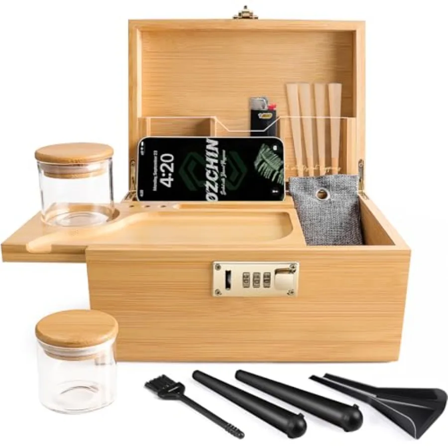 Bamboo Smell Proof Container Locking Box Large Wooden Storage Box with Glass Jar Christmas Gifts for Men Women Home Decor and S
Bamboo Smell Proof Container Locking Box Large Wooden Storage Box with Glass Jar Christmas Gifts for Men Women Home Decor and S