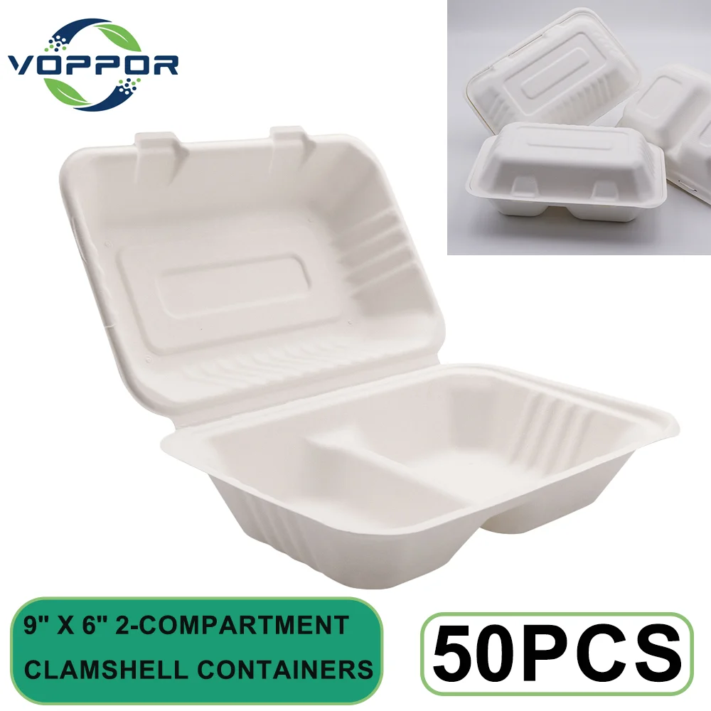 Voppor 50Pcs 9" x 6" Disposable Clamshell Containers 2-Compartment Salad Box Biodegradable Compostable Party Barbecue
Voppor 50Pcs 9" x 6" Disposable Clamshell Containers 2-Compartment Salad Box Biodegradable Compostable Party Barbecue