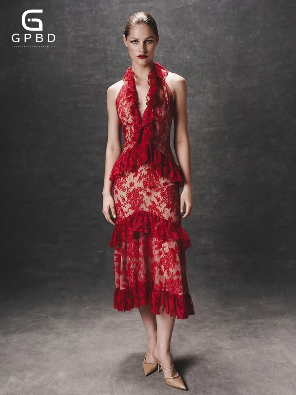 Sexy Halter Neck Lace Ruffles Midi Dress Women Red Sleeveless Backeless Floral Lace Slim Dresses Evening Party Gowns
Sexy Halter Neck Lace Ruffles Midi Dress Women Red Sleeveless Backeless Floral Lace Slim Dresses Evening Party Gowns