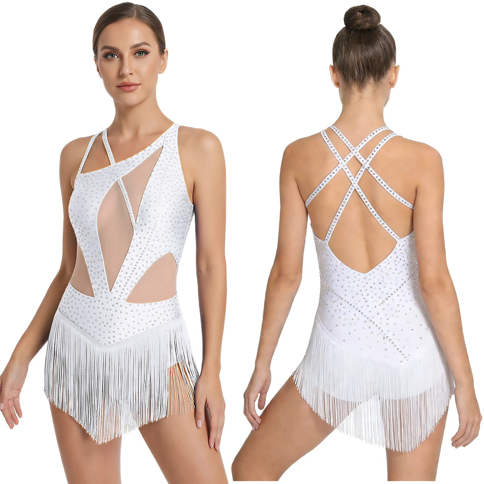Womens Latin Jazz Dance Rhinestone Bodysuit Sheer Mesh Tassel Strappy Backless Leotard Ballroom Cha-cha Tango Samba Dancewear
Womens Latin Jazz Dance Rhinestone Bodysuit Sheer Mesh Tassel Strappy Backless Leotard Ballroom Cha-cha Tango Samba Dancewear