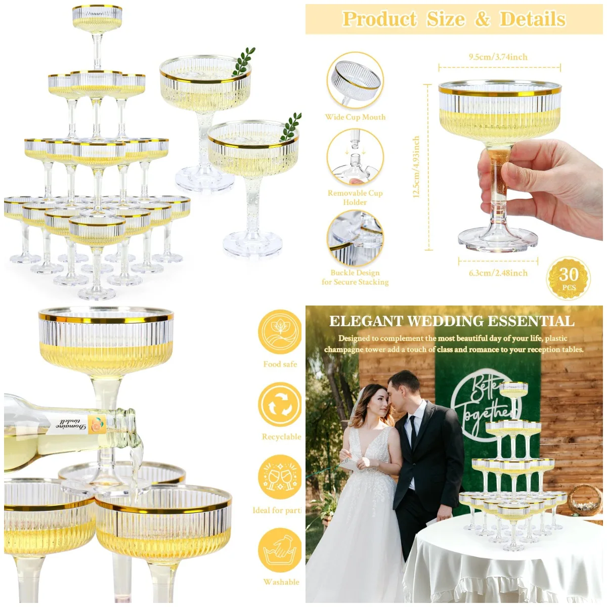 30 Pack Clear Champagne Flutes 5 Oz Plastic Coupe Glasses with Gold Rim for Weddings, Birthday Parties – Stackable, Disposable
30 Pack Clear Champagne Flutes 5 Oz Plastic Coupe Glasses with Gold Rim for Weddings, Birthday Parties – Stackable, Disposable