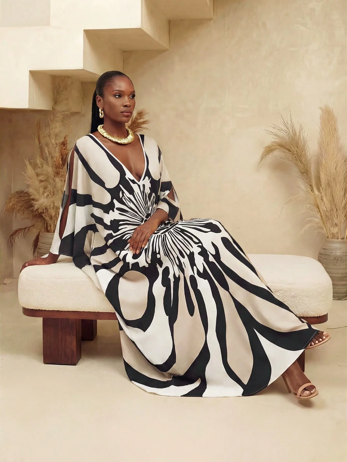 Cream And Black Abstract Print Flowy V-Neck Maxi Caftan Dress For Women, Loose Kimono Style For Beach Holiday Or Party
Cream And Black Abstract Print Flowy V-Neck Maxi Caftan Dress For Women, Loose Kimono Style For Beach Holiday Or Party