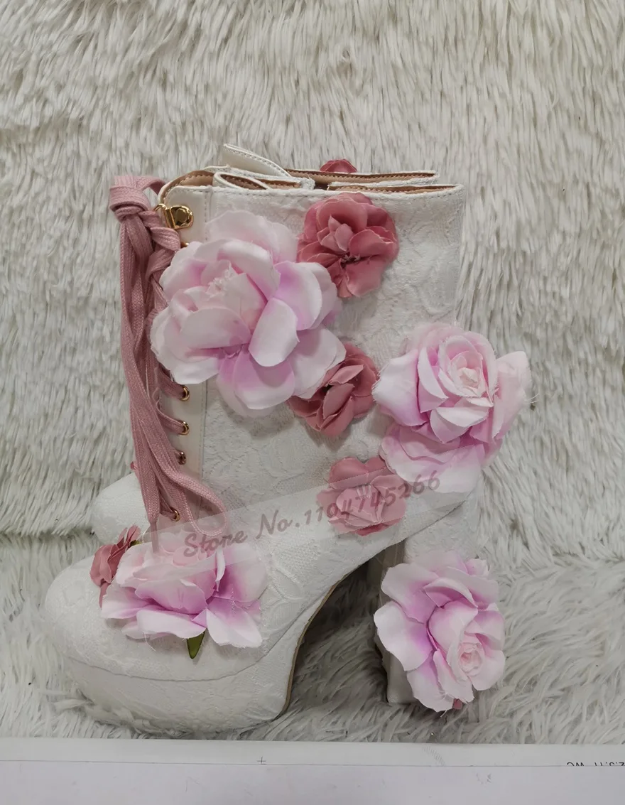 Women White Lace Flowers Stange Chunky Heel Ankle Boots 3D Pink Blossom Floral Wedding Shoes Lace-Up Platform Booties Real Photo
Women White Lace Flowers Stange Chunky Heel Ankle Boots 3D Pink Blossom Floral Wedding Shoes Lace-Up Platform Booties Real Photo
