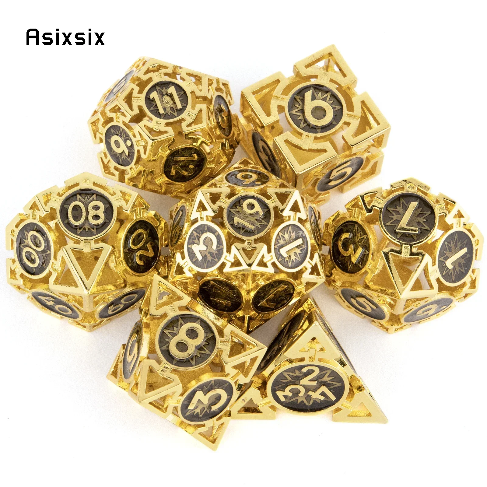 7 Pcs Golden Black Metal Dice Circular Hollow Metal Polyhedral Dice Set Suitable For Role-Playing Dice PropBoard Game Gift
7 Pcs Golden Black Metal Dice Circular Hollow Metal Polyhedral Dice Set Suitable For Role-Playing Dice PropBoard Game Gift