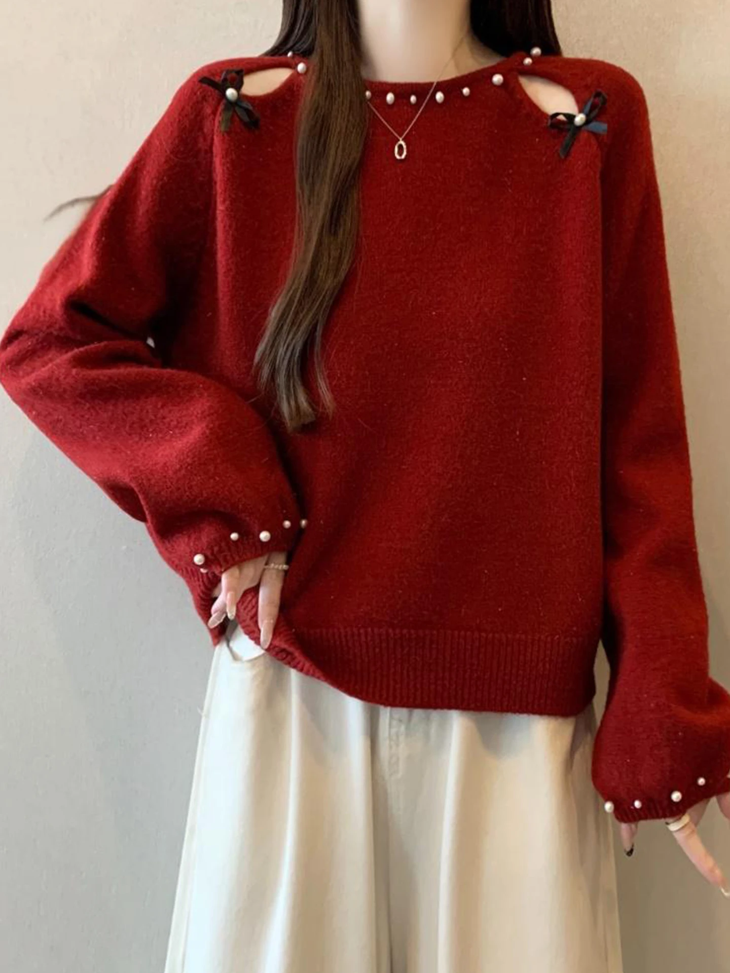 Red Bead Embellied Knitted Sweater Women's Autumn Winter Large Size Lazy Sli oulder Baring Top Commute Friendly Warmth
Red Bead Embellied Knitted Sweater Women's Autumn Winter Large Size Lazy Sli oulder Baring Top Commute Friendly Warmth